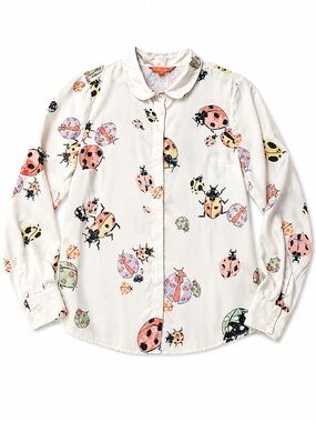 ModCloth Ladybug Print Button-Up Blouse Ivory Multicolor Size Medium